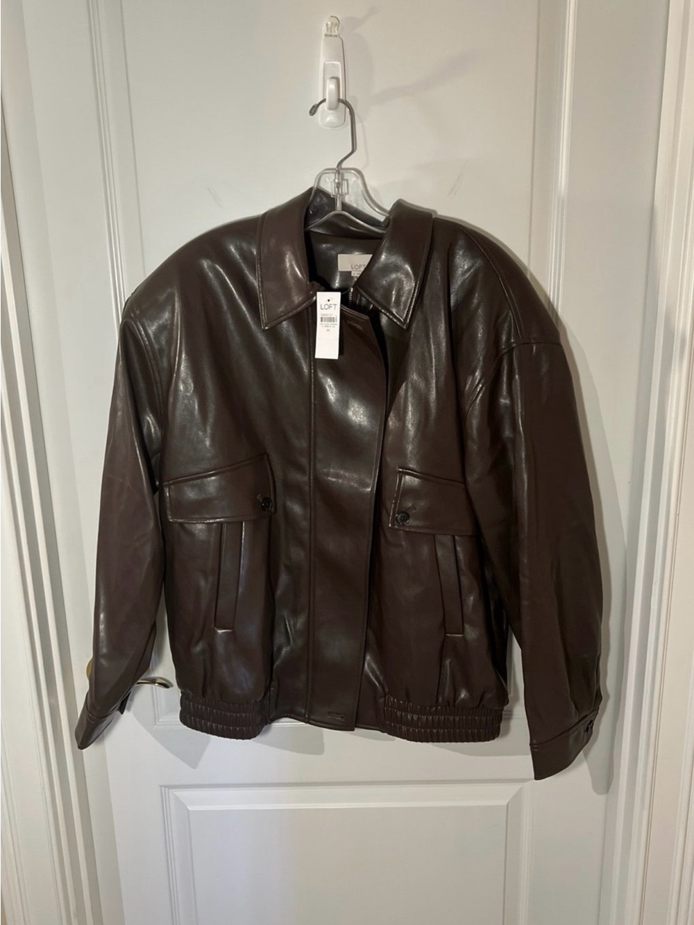 LOFT Women's Dark Brown Faux Leather Bomber Jacket